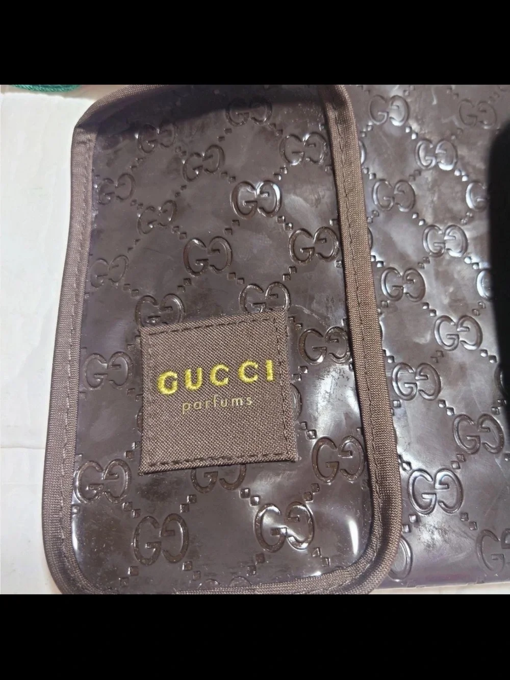 Gucci Brown Patent GG Embossed Cosmetic Pouch with Web Zip Pull